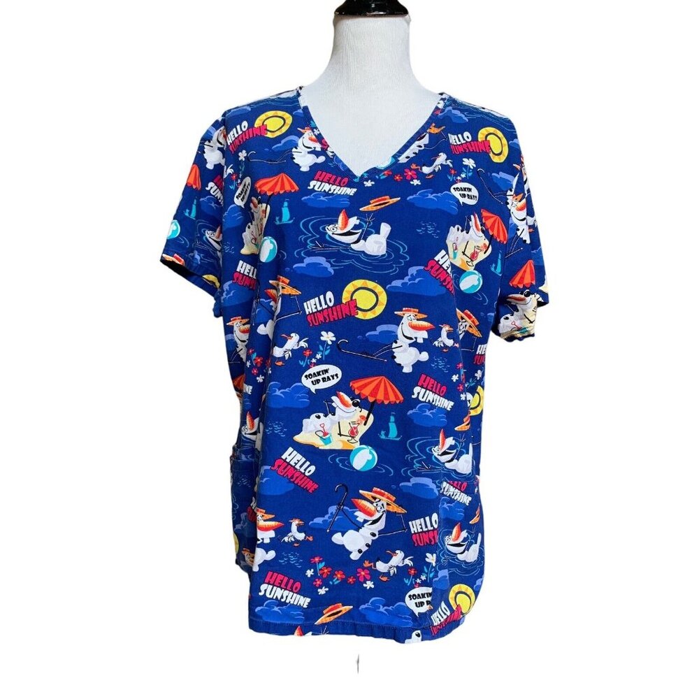 Disney Olaf Beach Hello Sunshine Scrub Top Womens XL Blue With 2‎ Front Pockets